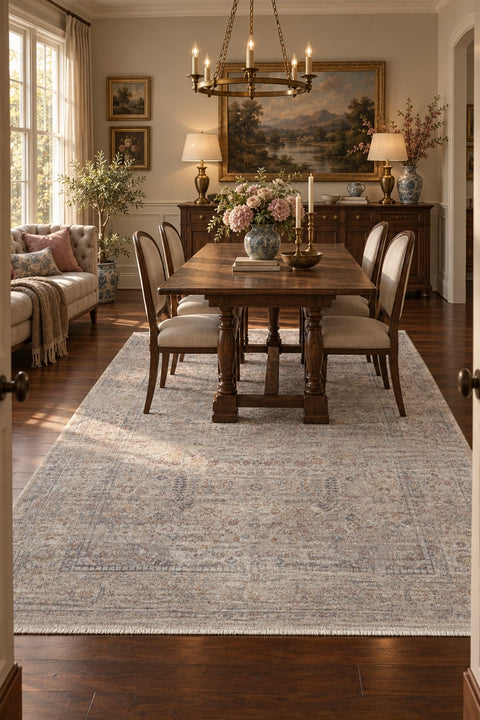 Valeria Modern Area Rug – Light Beige in a dining room