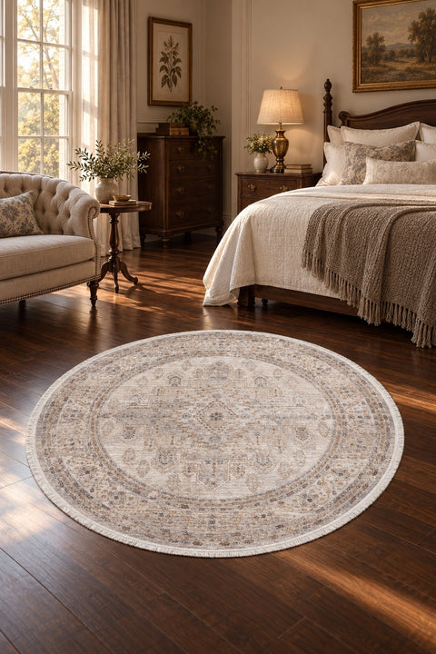 Valeria Vintage Area Rug – Cream in a bedroom