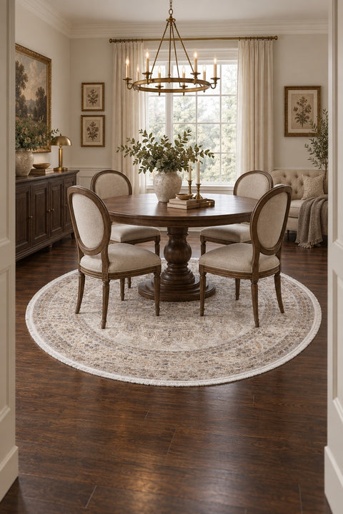 Valeria Vintage Area Rug – Cream in a dining room