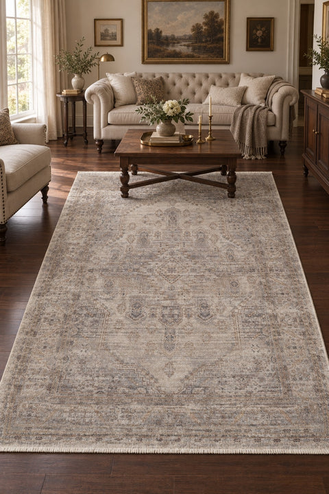 Valeria Vintage Area Rug – Cream & Gray in a living room