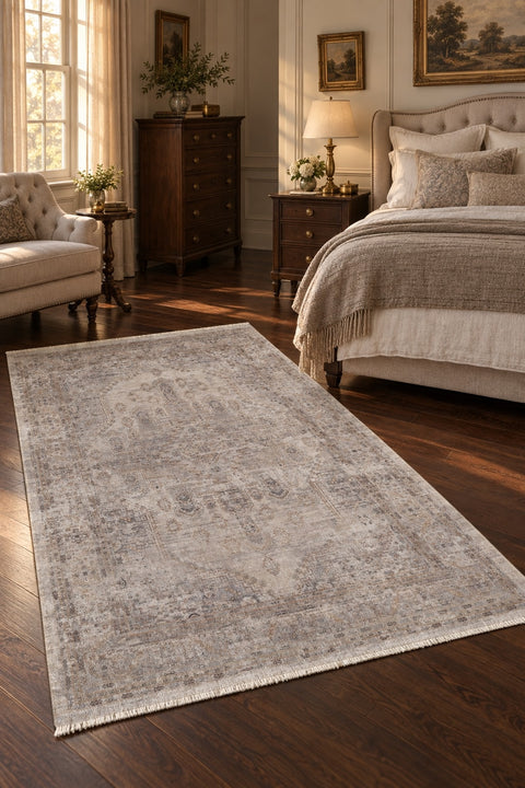 Valeria Vintage Area Rug – Cream & Gray in a bedroom