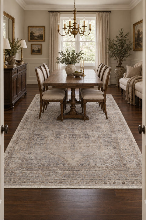 Valeria Vintage Area Rug – Cream & Gray in a dining room