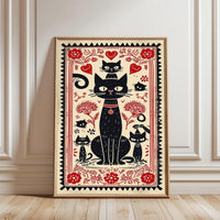 Heritage Black Cats Illustration Print, Retro Feline Wall Poster