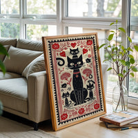 Heritage Black Cats Illustration Print, Retro Feline Wall Poster