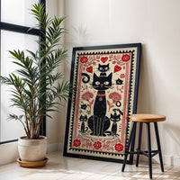 Heritage Black Cats Illustration Print, Retro Feline Wall Poster