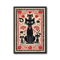 Heritage Black Cats Illustration Print, Retro Feline Wall Poster