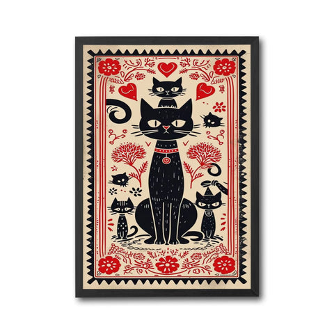 Heritage Black Cats Illustration Print, Retro Feline Wall Poster