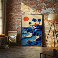 Nostalgic Coastal Landscape Wall Décor Print with Beach House and Palm Trees