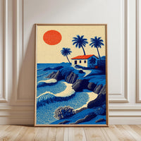 Nostalgic Coastal Landscape Wall Décor Print with Beach House and Palm Trees