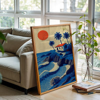 Nostalgic Coastal Landscape Wall Décor Print with Beach House and Palm Trees
