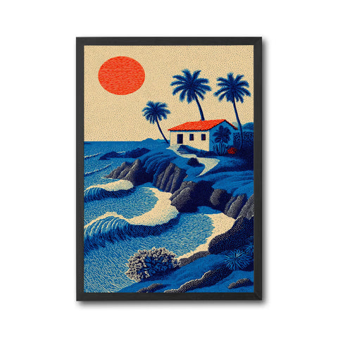 Nostalgic Coastal Landscape Wall Décor Print with Beach House and Palm Trees