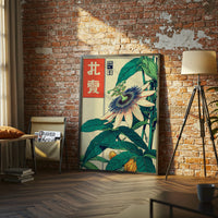 Nostalgic Japanese Passion Flower Wall Poster, Retro Ukiyo-e Botanical Print, Green and Cream Floral Artwork for Japanese Decor