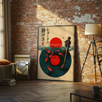 Nostalgic Japanese Record & Koi Fish Print, Retro Vinyl Art, Japanese Aesthetic Wall Décor Poster, Iconic Asian Decor