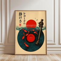 Nostalgic Japanese Record & Koi Fish Print, Retro Vinyl Art, Japanese Aesthetic Wall Décor Poster, Iconic Asian Decor