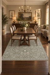 Vintage Modern Area Rug – Dark Green in a dining room