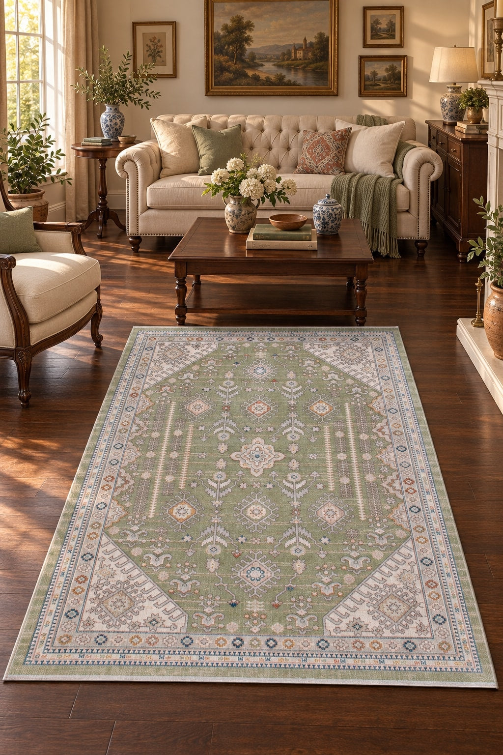 Vintage Modern Area Rug – Green in a living room