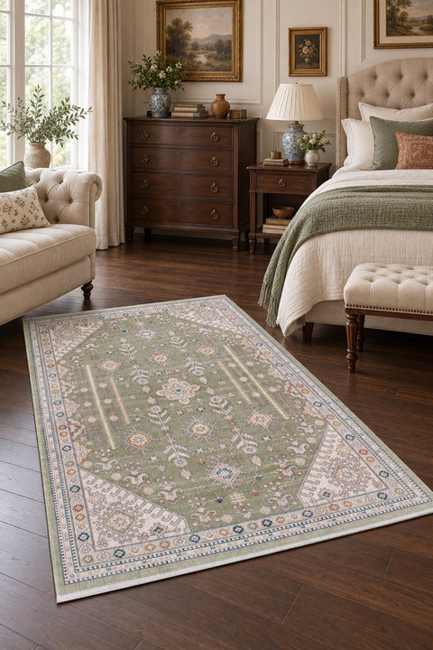 Vintage Modern Area Rug – Green in a bedroom