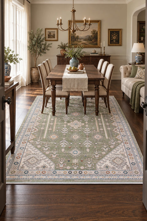 Vintage Modern Area Rug – Green in a dining room