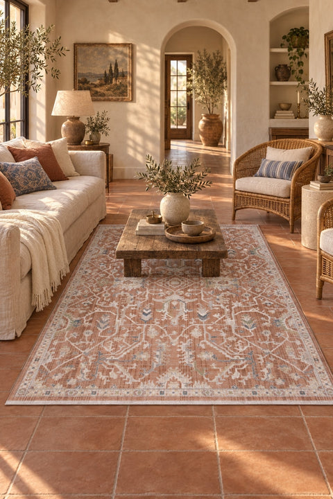 Vintage Modern Area Rug – Terracotta in a living room