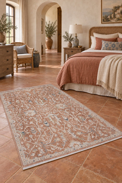 Vintage Modern Area Rug – Terracotta in a bedroom