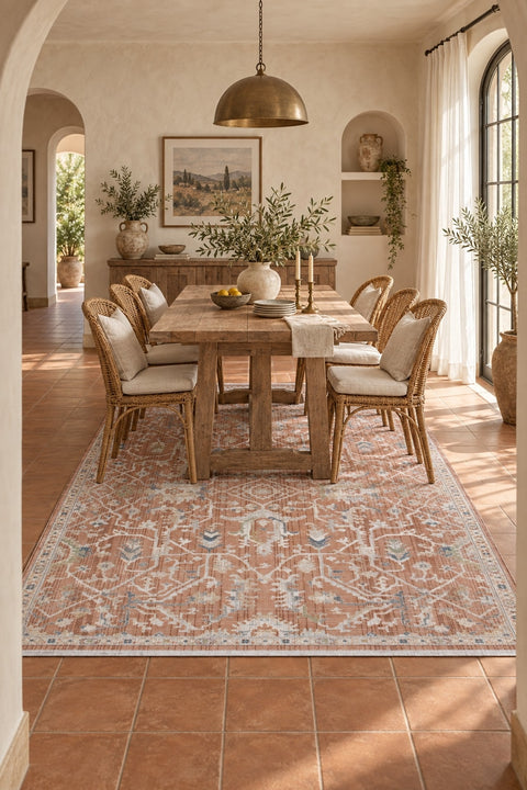 Vintage Modern Area Rug – Terracotta in a dining room