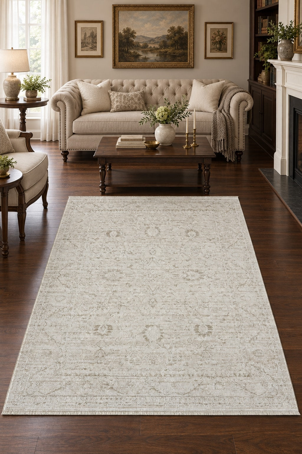 Vintage Modern Area Rug – White in a living room
