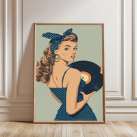 Retro Pinup Woman with Vinyl Record Décor Poster, Retro Music Home Wall Poster