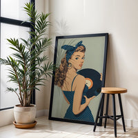 Retro Pinup Woman with Vinyl Record Décor Poster, Retro Music Home Wall Poster