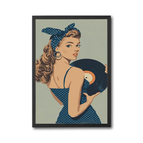 Retro Pinup Woman with Vinyl Record Décor Poster, Retro Music Home Wall Poster