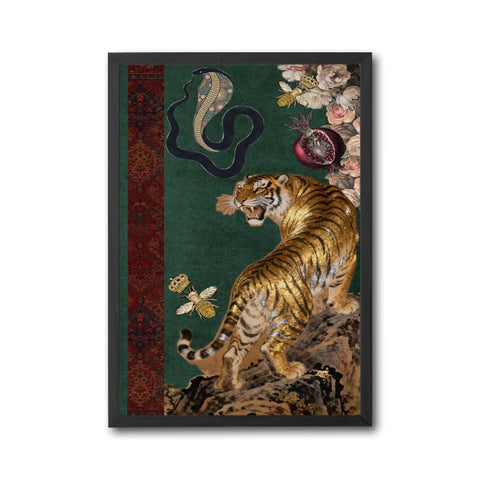 Retro Tiger and Cobra Floral Wall Décor Poster – Botanical Animal Print