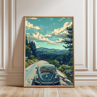 Nostalgic Volkswagen Beetle Wall Print – Scenic Retro Car Aesthetic Print
