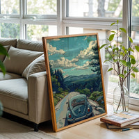 Nostalgic Volkswagen Beetle Wall Print – Scenic Retro Car Aesthetic Print
