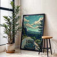 Nostalgic Volkswagen Beetle Wall Print – Scenic Retro Car Aesthetic Print