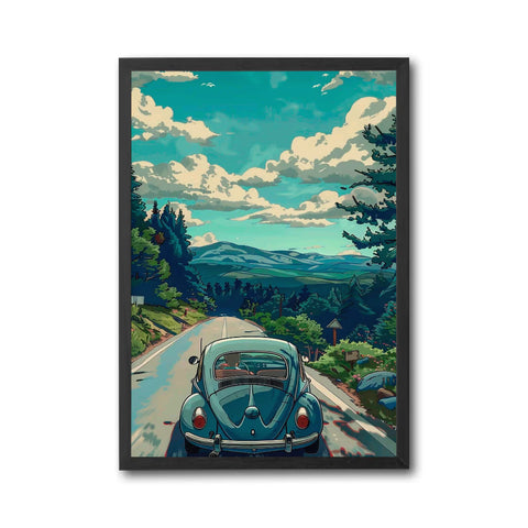 Nostalgic Volkswagen Beetle Wall Print – Scenic Retro Car Aesthetic Print
