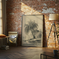 Retro Willow Tree Landscape Wall Décor Poster, Rustic Black and White Nature Print, Country River Scene Artwork for Home Decor