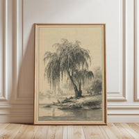 Retro Willow Tree Landscape Wall Décor Poster, Rustic Black and White Nature Print, Country River Scene Artwork for Home Decor