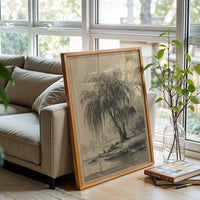 Retro Willow Tree Landscape Wall Décor Poster, Rustic Black and White Nature Print, Country River Scene Artwork for Home Decor