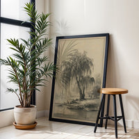 Retro Willow Tree Landscape Wall Décor Poster, Rustic Black and White Nature Print, Country River Scene Artwork for Home Decor