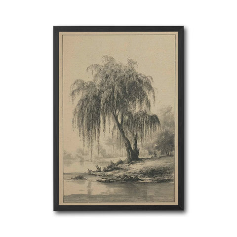 Retro Willow Tree Landscape Wall Décor Poster, Rustic Black and White Nature Print, Country River Scene Artwork for Home Decor