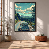 Volkswagen Beetle Landscape Retro Wall Art – Forest Road Mountain Drive