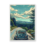 Volkswagen Beetle Landscape Retro Wall Art – Forest Road Mountain Drive