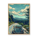 Volkswagen Beetle Landscape Retro Wall Art – Forest Road Mountain Drive