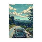 Volkswagen Beetle Landscape Retro Wall Art – Forest Road Mountain Drive