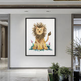 Watercolor Lion Cub Wall Art – Cute Floral Safari Nursery Print