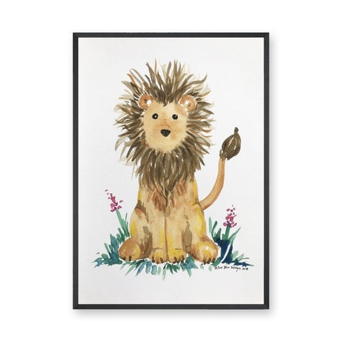 Watercolor Lion Cub Wall Art – Cute Floral Safari Nursery Print