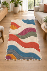Wavy Abstract Area Rug – Blue & Gray in a living room