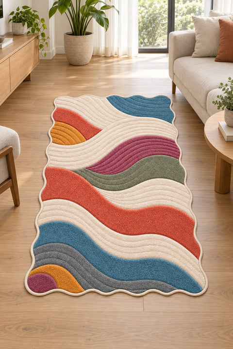 Wavy Abstract Area Rug – Blue & Gray in a living room