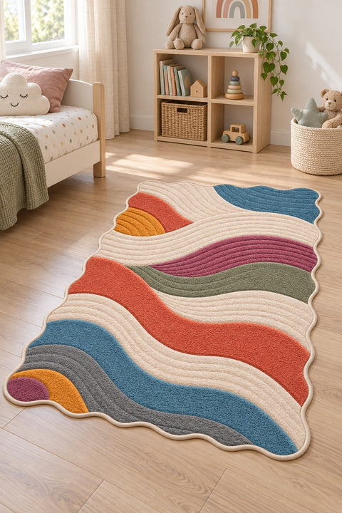 Wavy Abstract Area Rug – Blue & Gray in a nursery