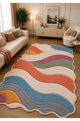 Wavy Abstract Area Rug – Blue & Gray in a living room