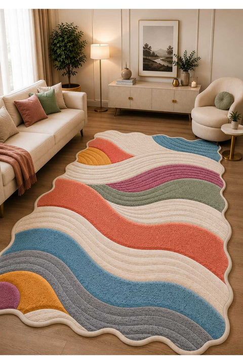 Wavy Abstract Area Rug – Blue & Gray in a living room